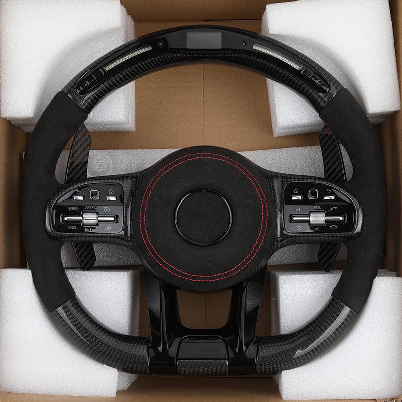 With Piano Black Trim Half Alcantara Carbon LED Steering Wheel for Mercedes Benz W204 W205 W213 W211 W221 X166 GLC X253 G63 AMG - YunLexus Custom Custom Steering Wheels for Mercedes