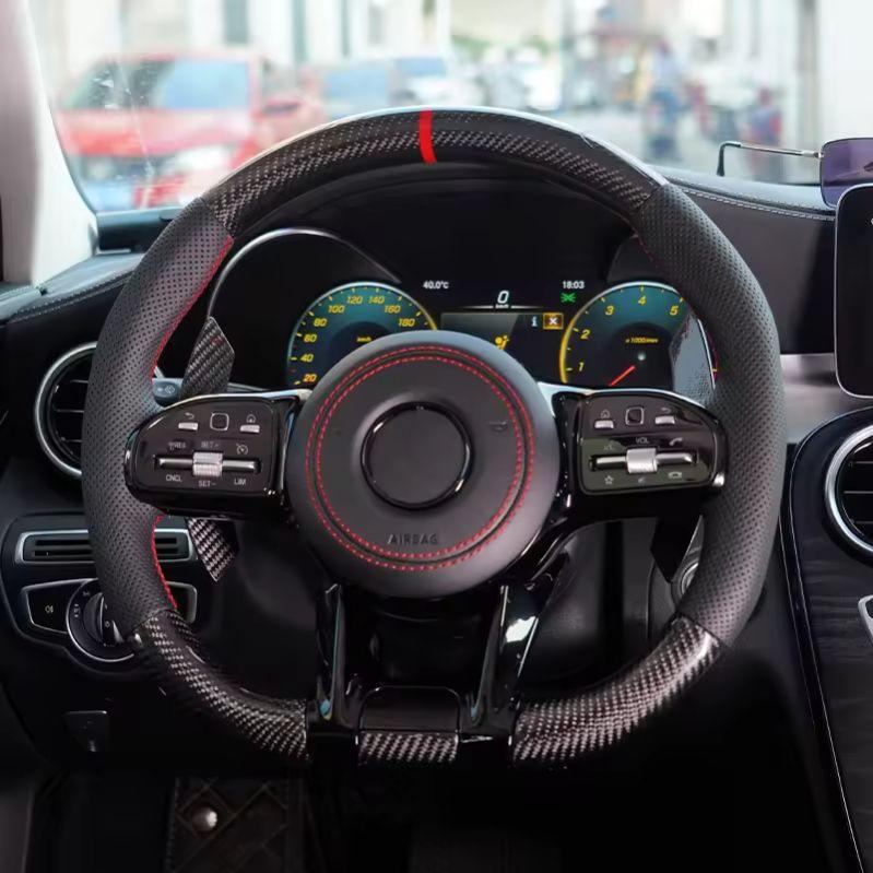 Black Style Half Perforated Leather Carbon Steering Wheel for Mercedes Benz W213 C238 W463 W464 W222 C217 CLS C257 W205 C63 AMG - YunLexus Custom Custom Steering Wheels for Mercedes