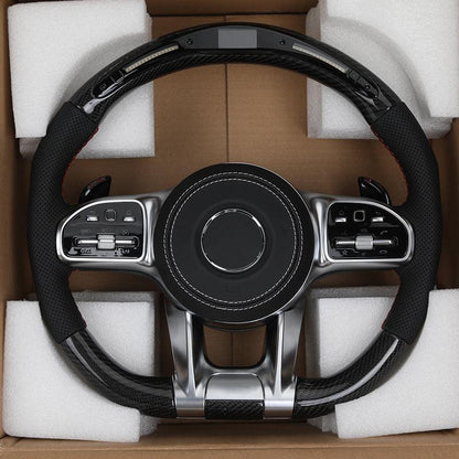 Custom Half Perforated Leather Carbon LED Steering Wheel for Mercedes W205 W213 W219 X290 W216 CL W222 C238 GLA45 e63s C63 AMG - YunLexus Custom Custom Steering Wheels for Mercedes