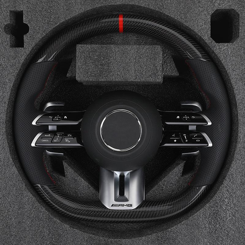 Custom Half Perforated Leather Carbon Steering Wheel for Mercedes Benz E Class W205 W213 W176 W177 W211 W222 W204 C43 AMG GT - YunLexus Custom Custom Steering Wheels for Mercedes