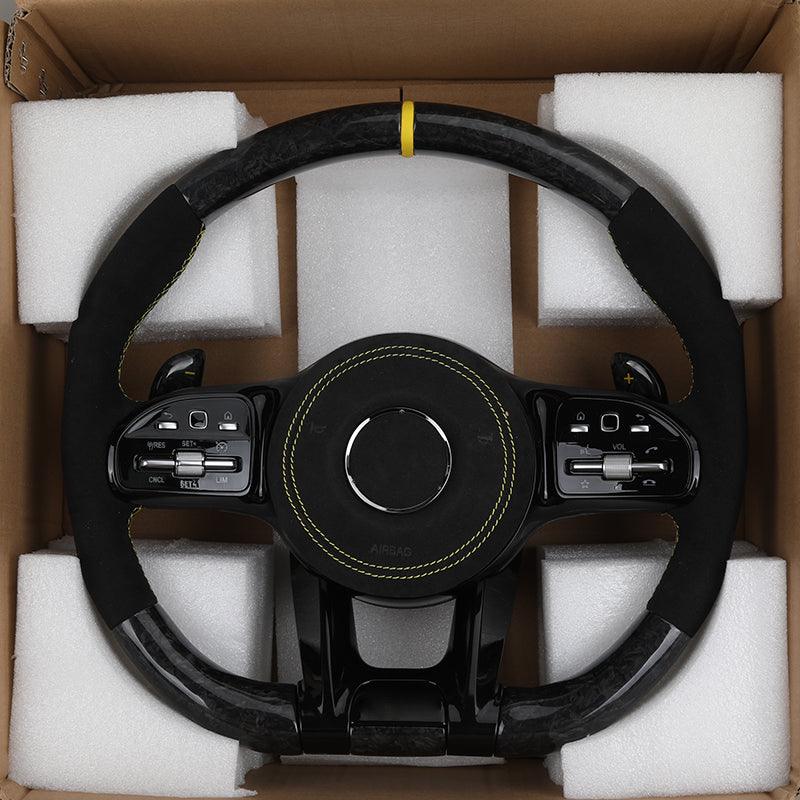 Custom Lenkrad Half Alcantara Forged Carbon Fiber Steering Wheel for Mercedes Benz W205 W213 W222 X290 W463 CLA C118 C63 AMG GT - YunLexus Custom Custom Steering Wheels for Mercedes