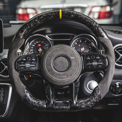 Custom Lenkrad Half Alcantara Forged Carbon Fiber Steering Wheel for Mercedes Benz W205 W213 W222 X290 W463 CLA C118 C63 AMG GT - YunLexus Custom Custom Steering Wheels for Mercedes