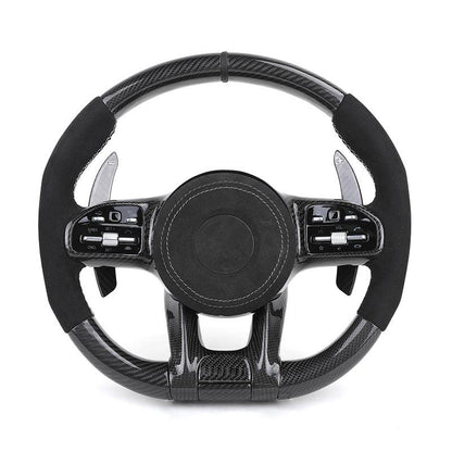 Gloss Black Top Strip Carbon Fiber Shift Paddle Alcantara Leather Steering Wheel for Mercedes Benz S C Class C63s C55 GLA45 AMG - YunLexus Custom Custom Steering Wheels for Mercedes