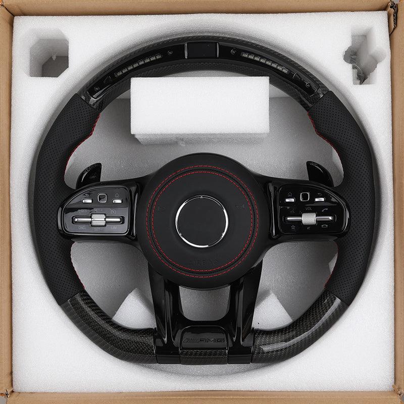 Half Perforated Leather Carbon LED Steering Wheel for Mercedes Benz W213 W205 206 W222 GLC X253 C253 CLA W117 CLA45 S63 C63 AMG - YunLexus Custom Custom Steering Wheels for Mercedes