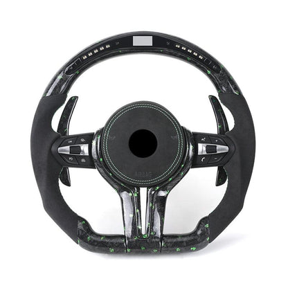 M Sport Green Half Alcantara Forged Carbon Fiber LED Steering Wheel for BMW F80 M3 F20 F32 E88 M4 F82 F01 F10 F30 F31 X5 E70 F15 - YunLexus