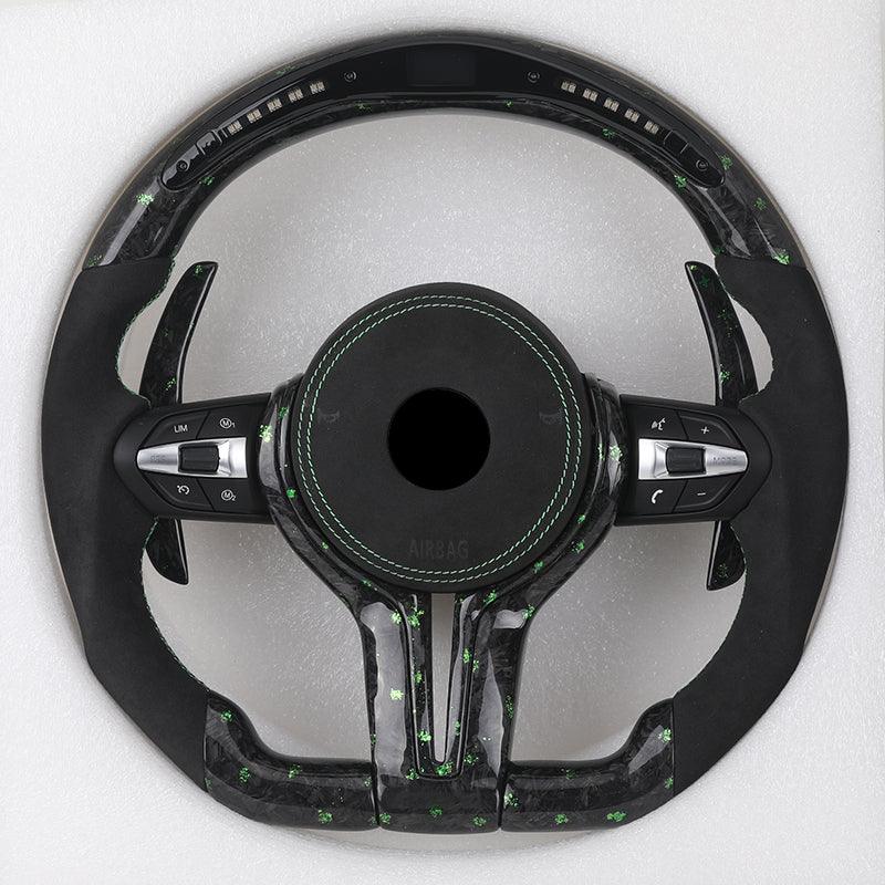 M Sport Green Half Alcantara Forged Carbon Fiber LED Steering Wheel for BMW F80 M3 F20 F32 E88 M4 F82 F01 F10 F30 F31 X5 E70 F15 - YunLexus