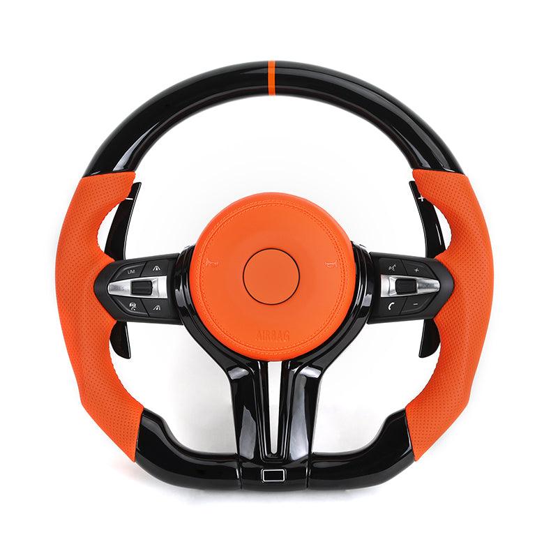 Orange Color Leather Piano Black Carbon Fiber Steering Wheel for BMW F01 F10 F20 F30 F32 F36 X5 F15 F25 F80 F82 F85 F87 F90 E90 - YunLexus