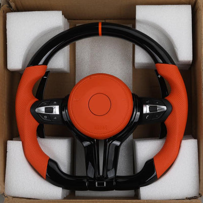 Orange Color Leather Piano Black Carbon Fiber Steering Wheel for BMW F01 F10 F20 F30 F32 F36 X5 F15 F25 F80 F82 F85 F87 F90 E90 - YunLexus