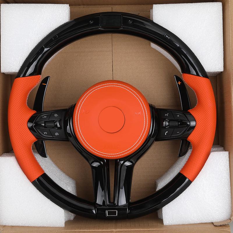 Orange Color Leather Piano Black Carbon Fiber Steering Wheel for BMW F10 F11 F20 F30 F32 F36 X5 F15 F25 F80 F82 F85 F87 F90 E90 - YunLexus
