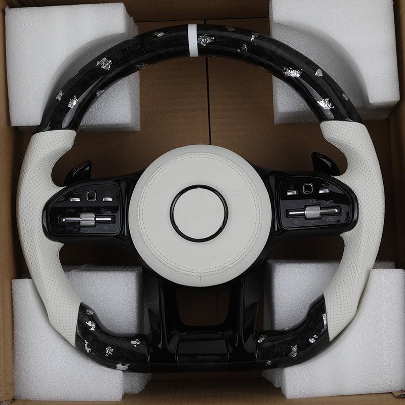 White Half Leather Forged Carbon Fiber Steering Wheel for Mercedes Benz W204 W205 W211 W213 W212 W222 EQA E550 G63 C63 AMG GT - YunLexus Custom Custom Steering Wheels for Mercedes