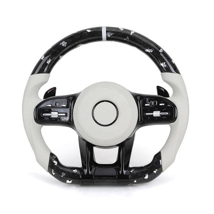 White Half Leather Forged Carbon Fiber Steering Wheel for Mercedes Benz W204 W205 W211 W213 W212 W222 EQA E550 G63 C63 AMG GT - YunLexus Custom Custom Steering Wheels for Mercedes