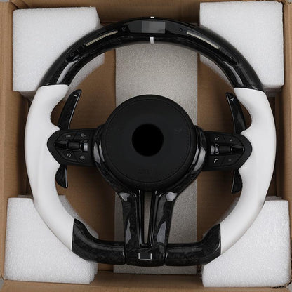 White Half Leather Forged Carbon Shifter Paddle LED M Sport Steering Wheel for BMW F07 F10 F20 F30 F32 F80 F82 F90 E90 E92 E93 - YunLexus
