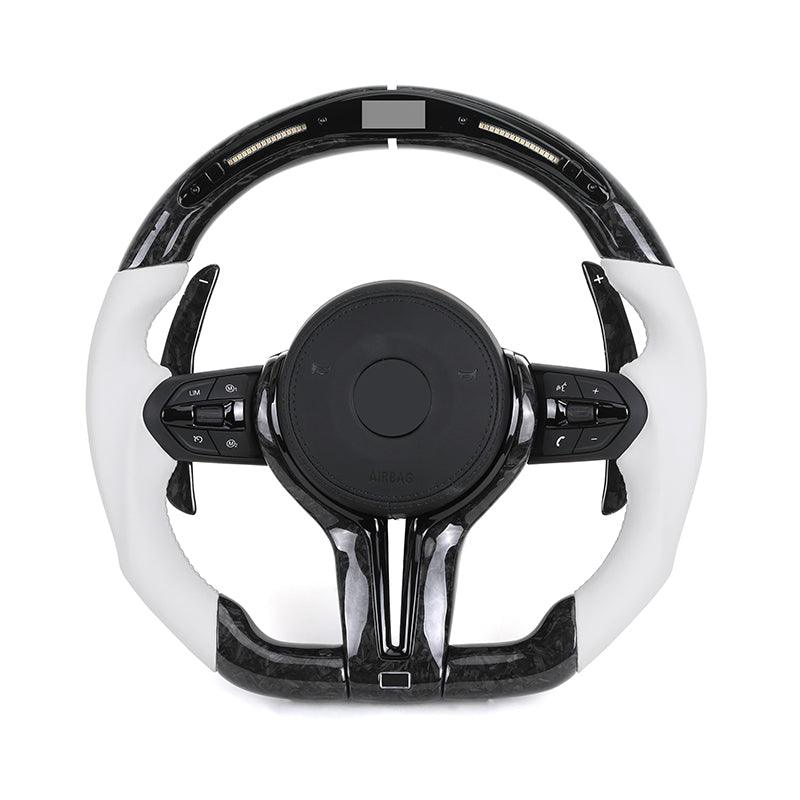 White Half Leather Forged Carbon Shifter Paddle LED M Sport Steering Wheel for BMW F07 F10 F20 F30 F32 F80 F82 F90 E90 E92 E93 - YunLexus