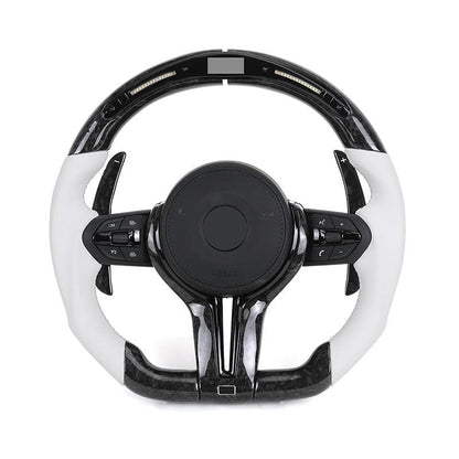 White Half Leather Forged Carbon Shifter Paddle LED M Sport Steering Wheel for BMW F07 F10 F20 F30 F32 F80 F82 F90 E90 E92 E93 - YunLexus