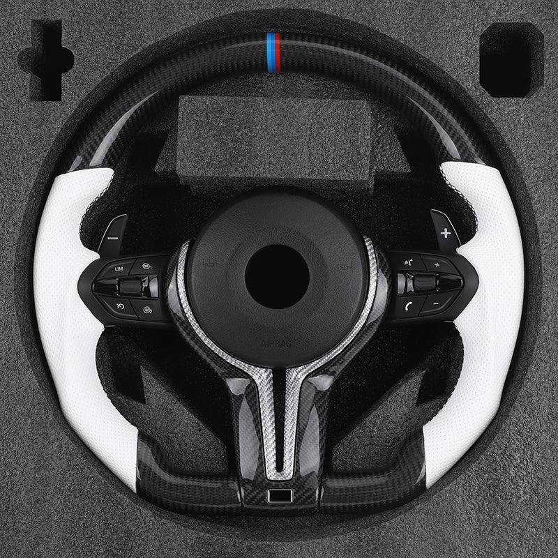 White Half Perforated Leather Carbon M Sport Steering Wheel for BMW F01 F11 F34 F35 F36 F30 F10 X5 F15 X6 F16 F02 F06 M3 M4 M5 - YunLexus