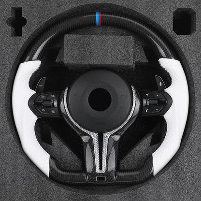White Half Perforated Leather Carbon M Sport Steering Wheel for BMW F01 F11 F34 F35 F36 F30 F10 X5 F15 X6 F16 F02 F06 M3 M4 M5 - YunLexus