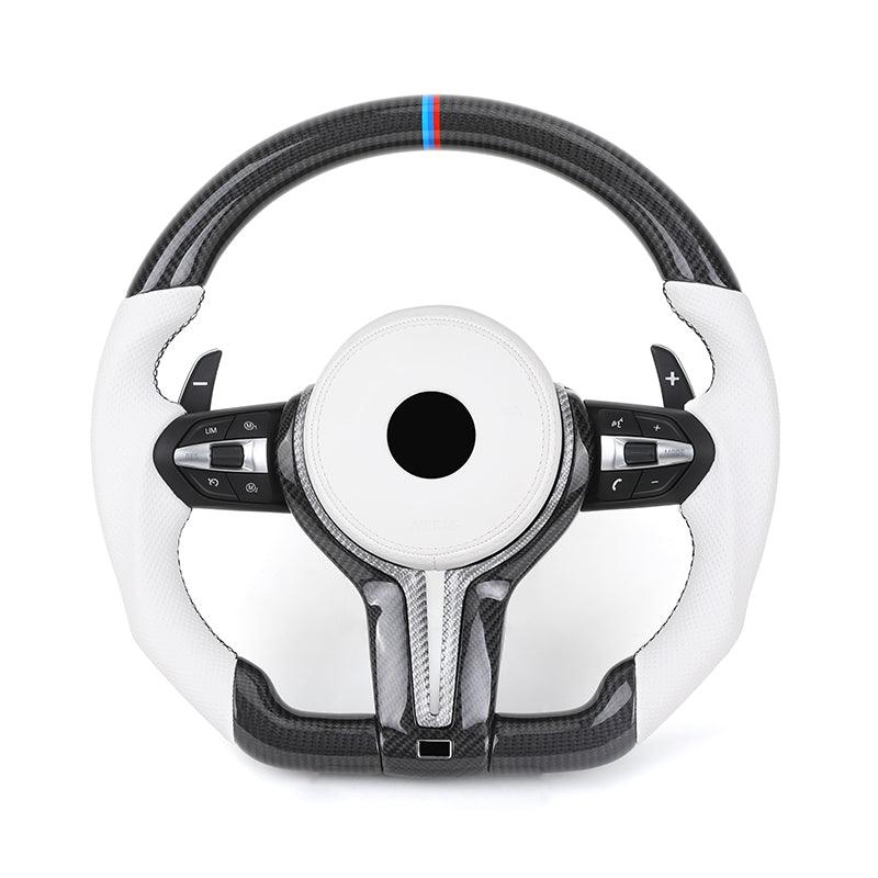 White Half Perforated Leather Carbon M Sport Steering Wheel for BMW F01 F11 F34 F35 F36 F30 F10 X5 F15 X6 F16 F02 F06 M3 M4 M5 - YunLexus