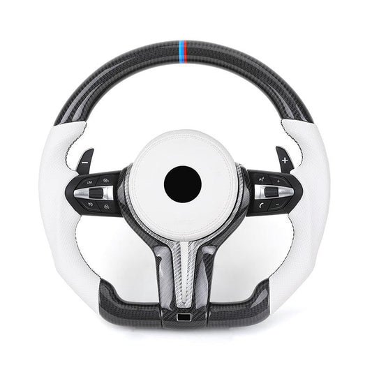 White Half Perforated Leather Carbon M Sport Steering Wheel for BMW F01 F11 F34 F35 F36 F30 F10 X5 F15 X6 F16 F02 F06 M3 M4 M5 - YunLexus