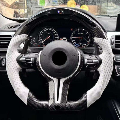 White Half Perforated Leather Carbon M Sport Steering Wheel for BMW F01 F11 F34 F35 F36 F30 F10 X5 F15 X6 F16 F02 F06 M3 M4 M5 - YunLexus