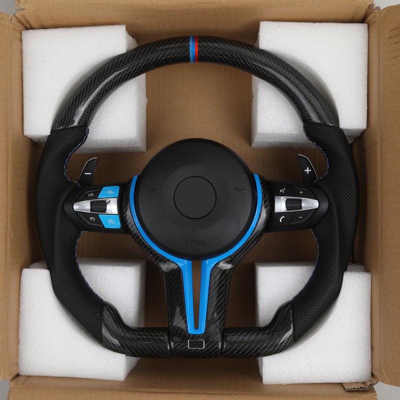 With Blue M1 M2 Button Carbon Trim Insert Carbon Steering Wheel for BMW F10 F20 F30 F32 M3 F80 M4 F82 M5 F90 X5 E70 E87 E90 E92 - YunLexus