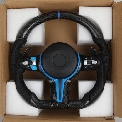 With Blue M1 M2 Button Carbon Trim Insert Carbon Steering Wheel for BMW F10 F20 F30 F32 M3 F80 M4 F82 M5 F90 X5 E70 E87 E90 E92 - YunLexus