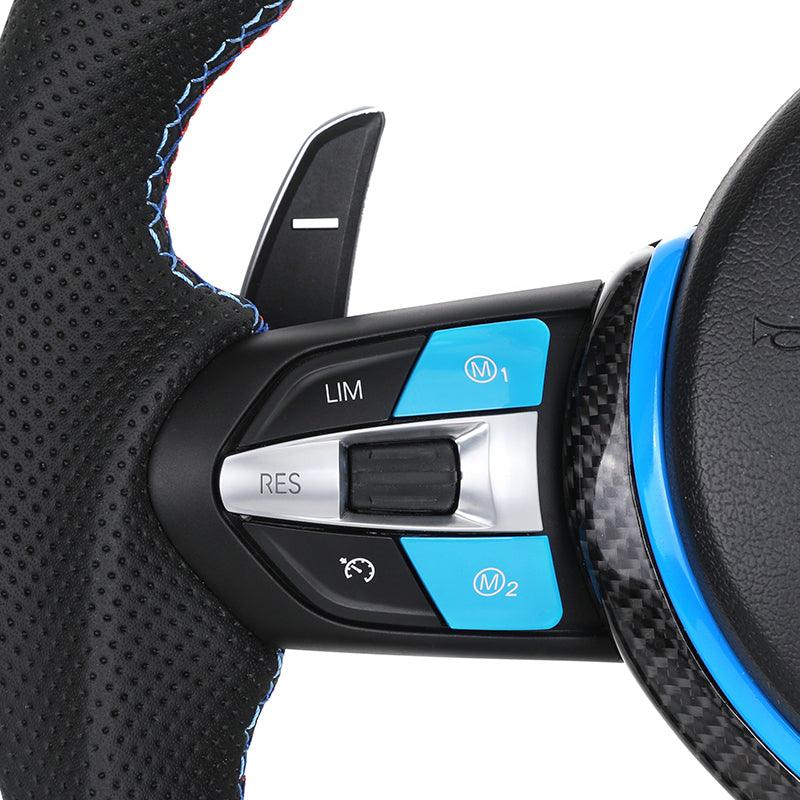 With Blue M1 M2 Button Carbon Trim Insert Carbon Steering Wheel for BMW F10 F20 F30 F32 M3 F80 M4 F82 M5 F90 X5 E70 E87 E90 E92 - YunLexus