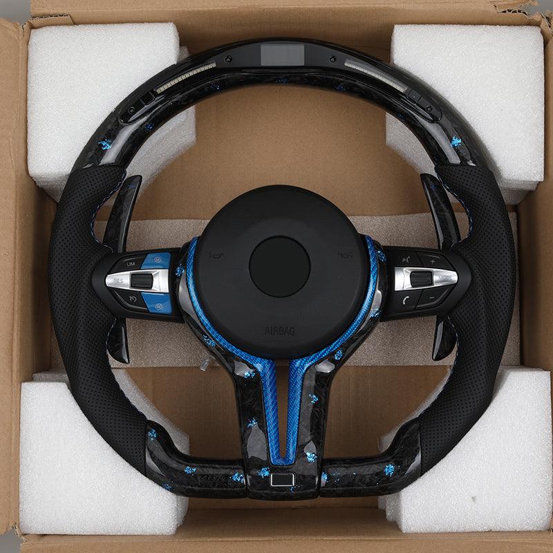 With Blue M1 M2 Button Forged Carbon Trim LED M Sport Steering Wheel for BMW F10 M5 F30 M3 F80 M4 F82 X6 F16 Z4 E89 E90 E91 E92 - YunLexus