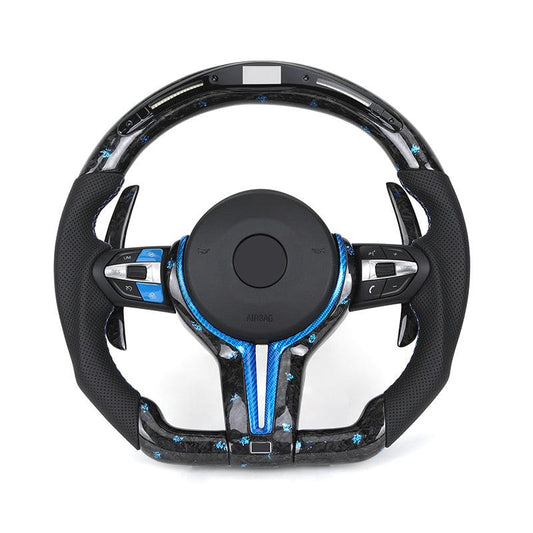 With Blue M1 M2 Button Forged Carbon Trim LED M Sport Steering Wheel for BMW F10 M5 F30 M3 F80 M4 F82 X6 F16 Z4 E89 E90 E91 E92 - YunLexus