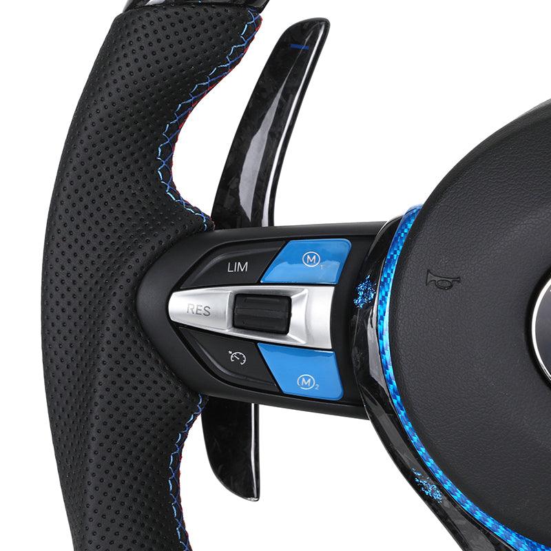 With Blue M1 M2 Button Forged Carbon Trim LED M Sport Steering Wheel for BMW F10 M5 F30 M3 F80 M4 F82 X6 F16 Z4 E89 E90 E91 E92 - YunLexus