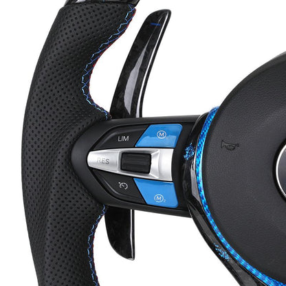 With Blue M1 M2 Button Forged Carbon Trim LED M Sport Steering Wheel for BMW F10 M5 F30 M3 F80 M4 F82 X6 F16 Z4 E89 E90 E91 E92 - YunLexus
