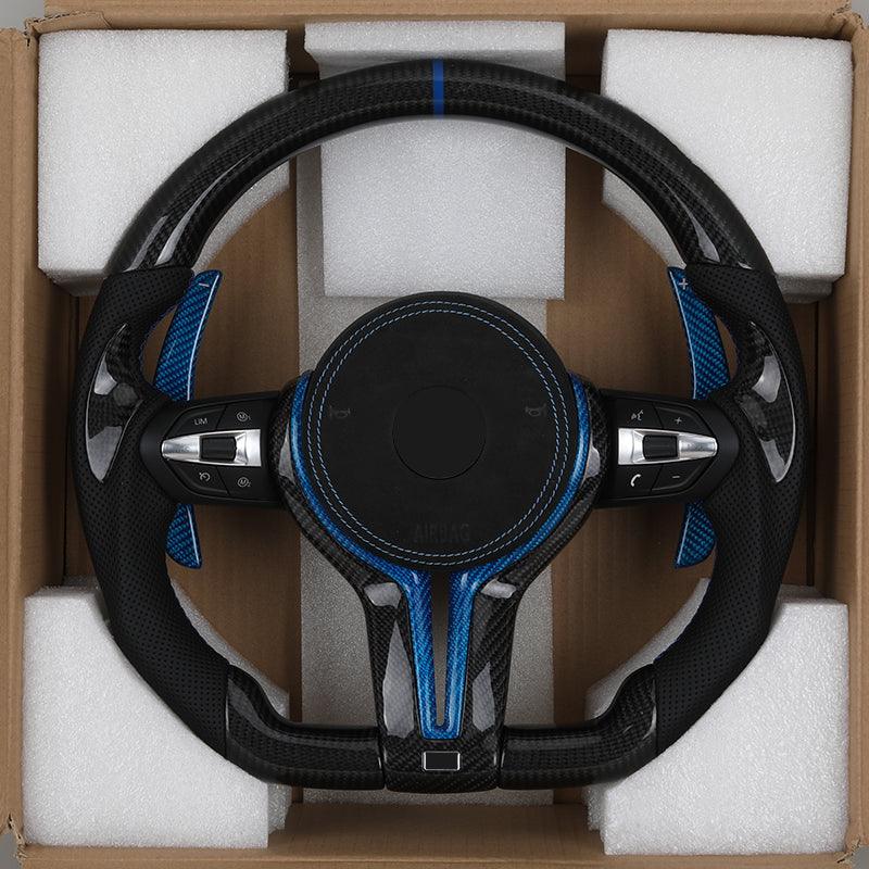 With Blue Shifter Paddle Insert Trim Leather Carbon M Sport Steering Wheel for BMW F10 F30 M3 F80 M4 F82 M5 F90 M8 F92 X3M F97 - YunLexus