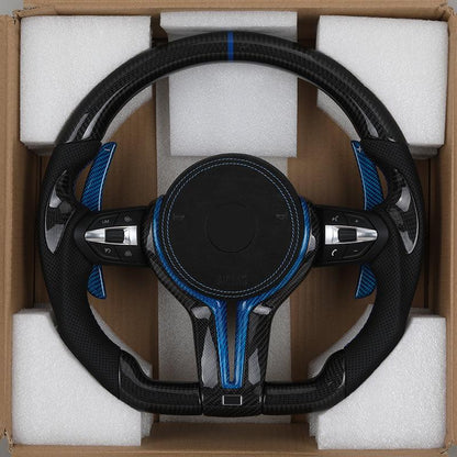 With Blue Shifter Paddle Insert Trim Leather Carbon M Sport Steering Wheel for BMW F10 F30 M3 F80 M4 F82 M5 F90 M8 F92 X3M F97 - YunLexus