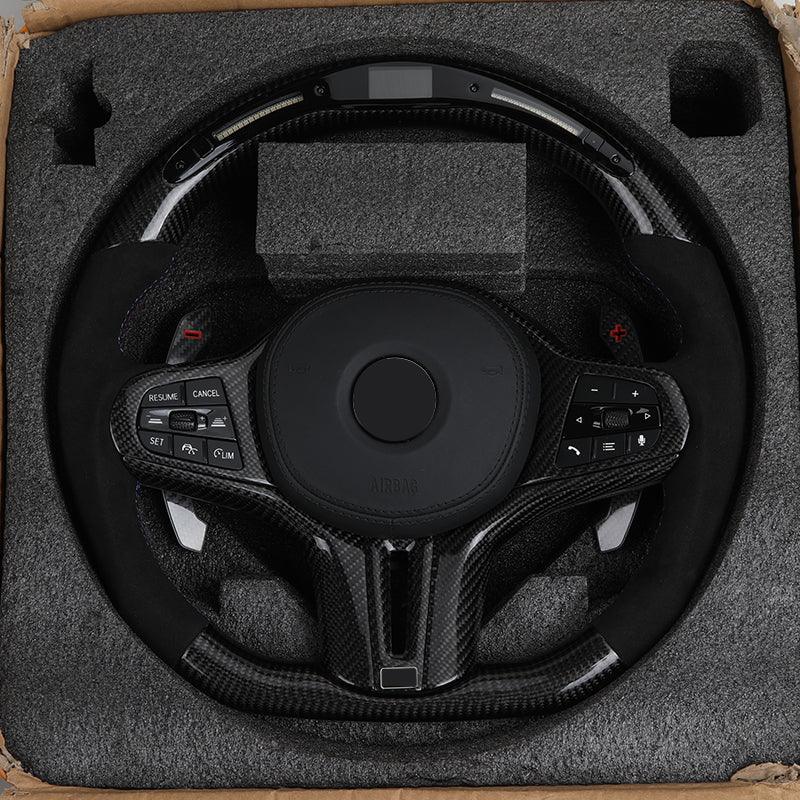 With Carbon Trim Heated Half Alcantara Carbon LED Steering Wheel for BMW G05 G07 G11 G12 G20 G22 G30 G80 M3 G81 G82 G83 M4 G87 - YunLexus
