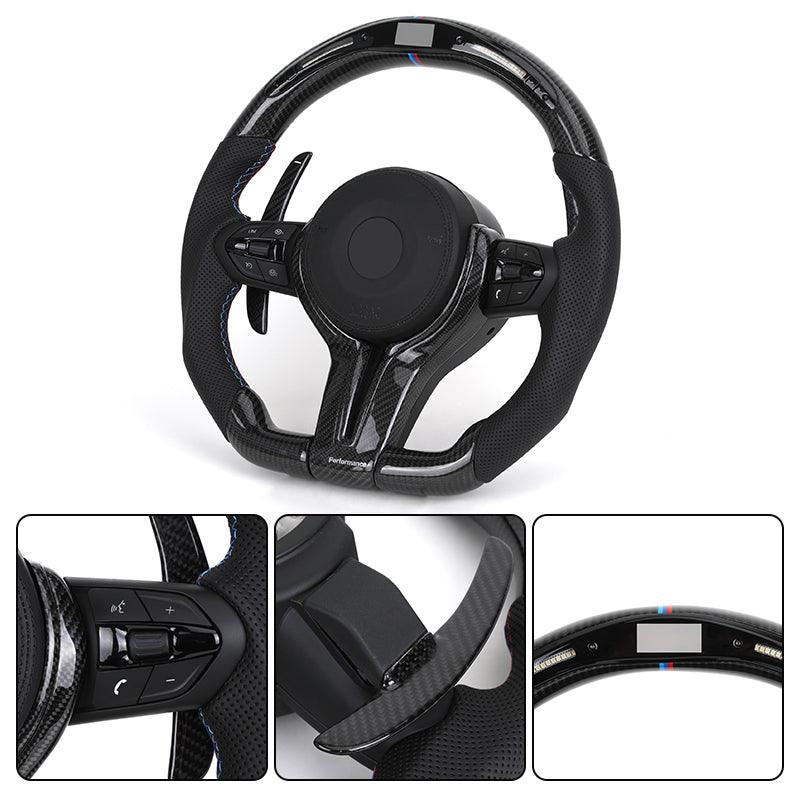 With Carbon Trim Paddle Half Perforated Leather Carbon LED Steering Wheel for BMW F10 F30 F32 F36 F80 M4 F82 X5 F15 E70 X6 E71 - YunLexus