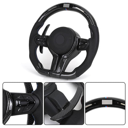 With Carbon Trim Paddle Half Perforated Leather Carbon LED Steering Wheel for BMW F10 F30 F32 F36 F80 M4 F82 X5 F15 E70 X6 E71 - YunLexus