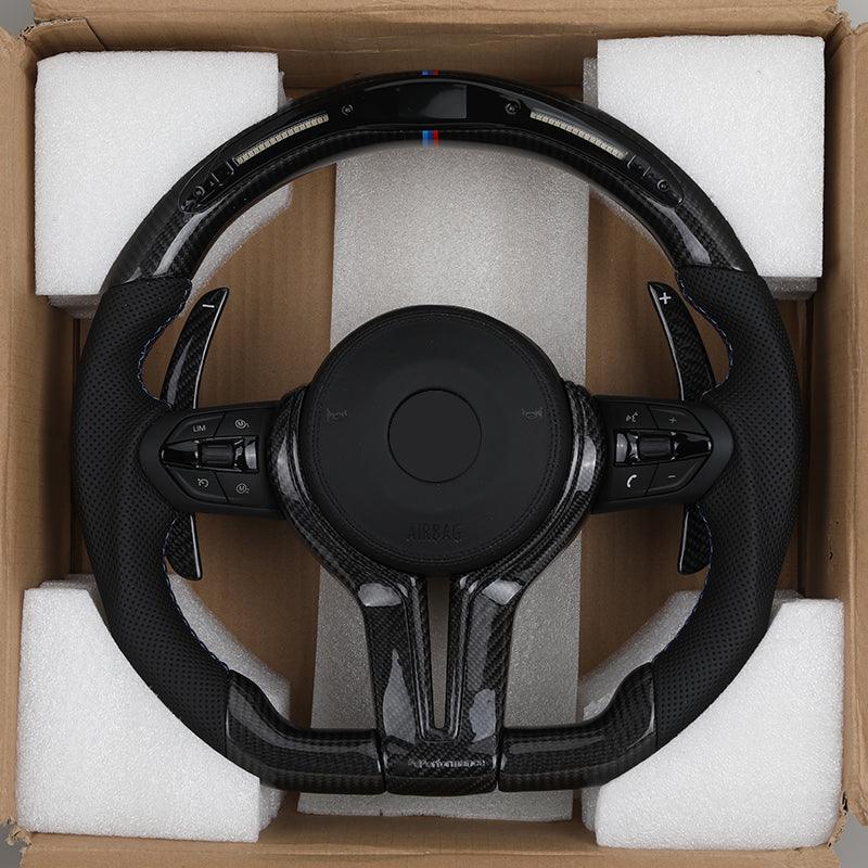 With Carbon Trim Paddle Half Perforated Leather Carbon LED Steering Wheel for BMW F10 F30 F32 F36 F80 M4 F82 X5 F15 E70 X6 E71 - YunLexus