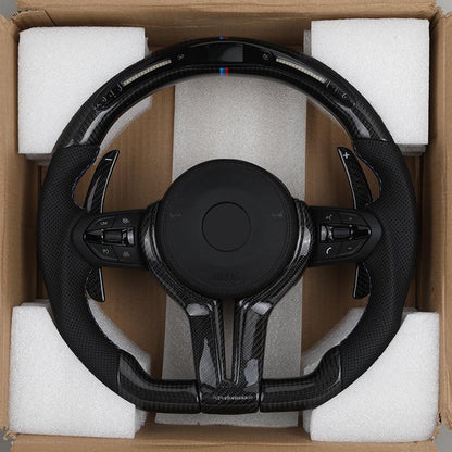 With Carbon Trim Paddle Half Perforated Leather Carbon LED Steering Wheel for BMW F10 F30 F32 F36 F80 M4 F82 X5 F15 E70 X6 E71 - YunLexus
