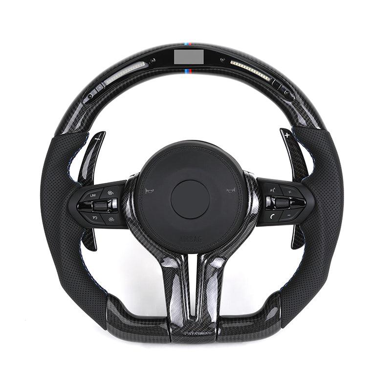 With Carbon Trim Paddle Half Perforated Leather Carbon LED Steering Wheel for BMW F10 F30 F32 F36 F80 M4 F82 X5 F15 E70 X6 E71 - YunLexus