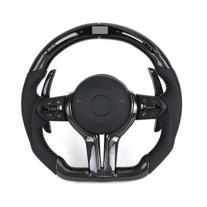 With Carbon Trim Paddle Half Perforated Leather Carbon LED Steering Wheel for BMW F10 F30 F32 F36 F80 M4 F82 X5 F15 E70 X6 E71 - YunLexus