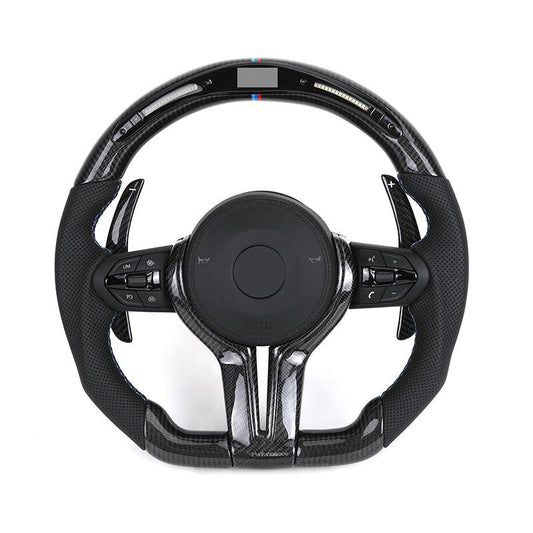 With Carbon Trim Paddle Half Perforated Leather Carbon LED Steering Wheel for BMW F10 F30 F32 F36 F80 M4 F82 X5 F15 E70 X6 E71 - YunLexus