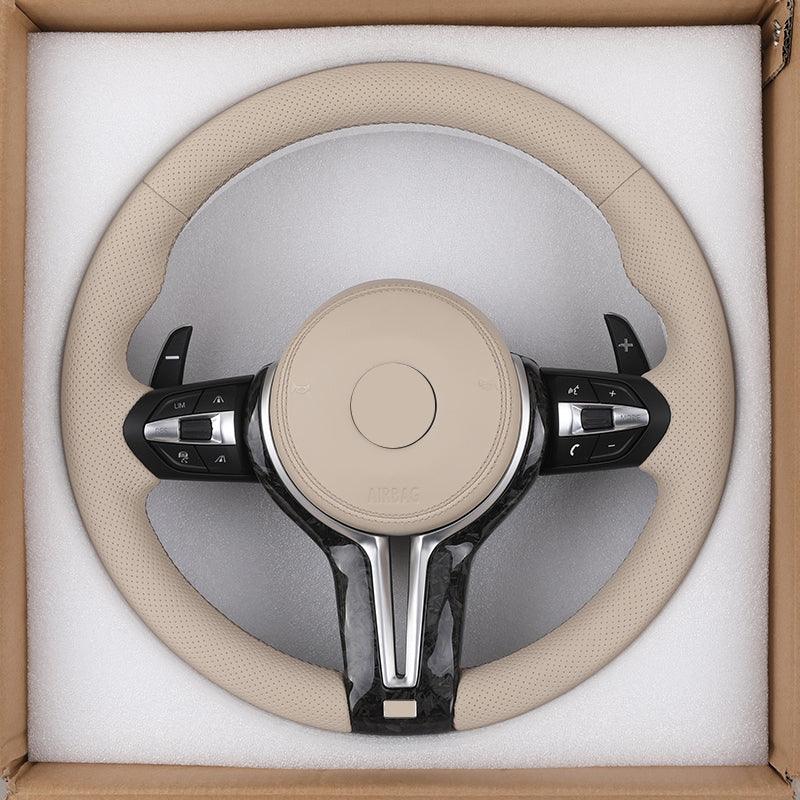 With Forged Carbon Trim Apricot Color Leather M Sport Steering Wheel for BMW F01 F06 F10 F11 F12 F15 F16 F20 F30 E90 E84 F80 M3 - YunLexus