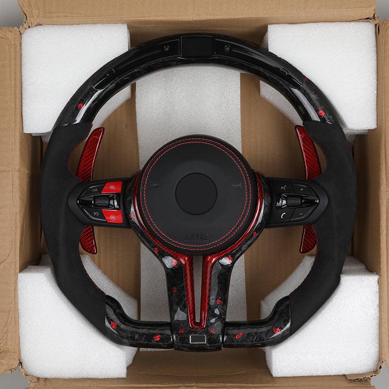 With LED Display Half Alcantara Red Forged Carbon Steering Wheel for BMW F10 F20 F30 F32 F36 F80 M3 F82 M4 M2 F87 M5 F90 E90 E92 - YunLexus