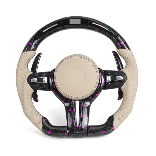 With LED Display Half Leather Purple Forged Carbon Steering Wheel for BMW M4 F82 M2 F87 M5 F90 F80 M3 F10 F30 F32 X6 F16 E90 M6 - YunLexus