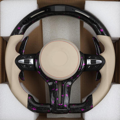 With LED Display Half Leather Purple Forged Carbon Steering Wheel for BMW M4 F82 M2 F87 M5 F90 F80 M3 F10 F30 F32 X6 F16 E90 M6 - YunLexus
