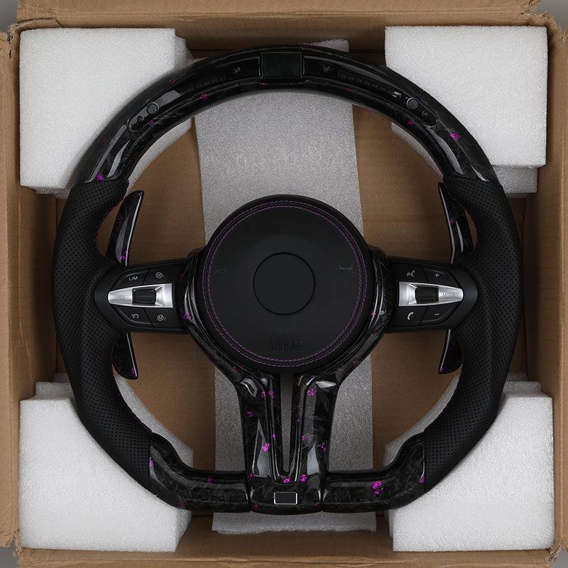 With LED Display Purple Leather Forged Carbon Fiber Steering Wheel for BMW F10 F30 F32 M3 F80 M4 F82 M5 F90 X5M F85 E90 E92 E93 - YunLexus