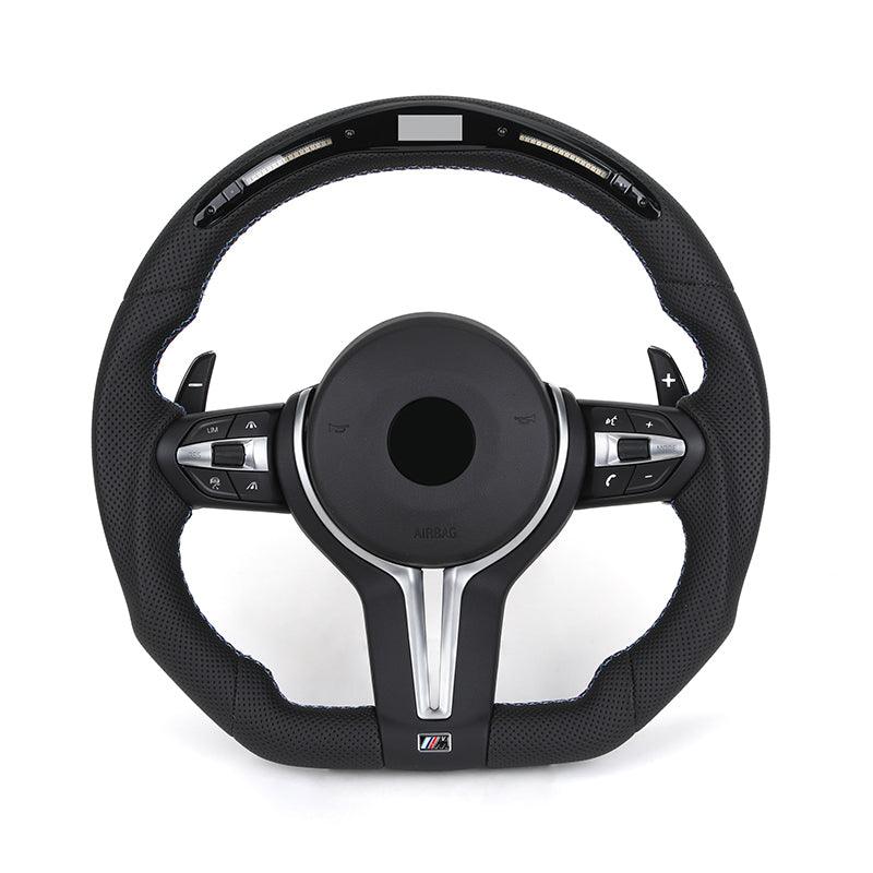 With LED Flat Bottom Full Perforated Leather Steering Wheel for BMW F01 F07 F06 F10 F20 F25 F30 F32 F36 X5m F85 E39 E60 E90 E92 - YunLexus