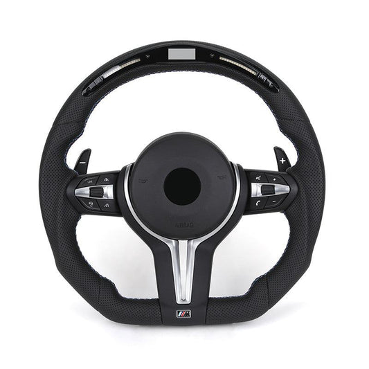 With LED Flat Bottom Full Perforated Leather Steering Wheel for BMW F01 F07 F06 F10 F20 F25 F30 F32 F36 X5m F85 E39 E60 E90 E92 - YunLexus