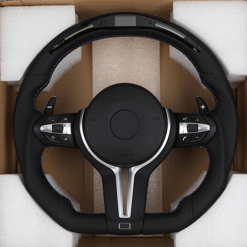With LED Flat Bottom Full Perforated Leather Steering Wheel for BMW F01 F07 F06 F10 F20 F25 F30 F32 F36 X5m F85 E39 E60 E90 E92 - YunLexus