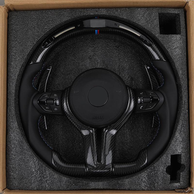With M Trip Carbon Trim Paddle M Performance Half Leather Carbon LED Steering Wheel for BMW F10 F11 F20 F30 M4 F82 E60 E90 E92 - YunLexus
