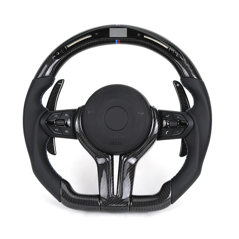 With M Trip Carbon Trim Paddle M Performance Half Leather Carbon LED Steering Wheel for BMW F10 F11 F20 F30 M4 F82 E60 E90 E92 - YunLexus